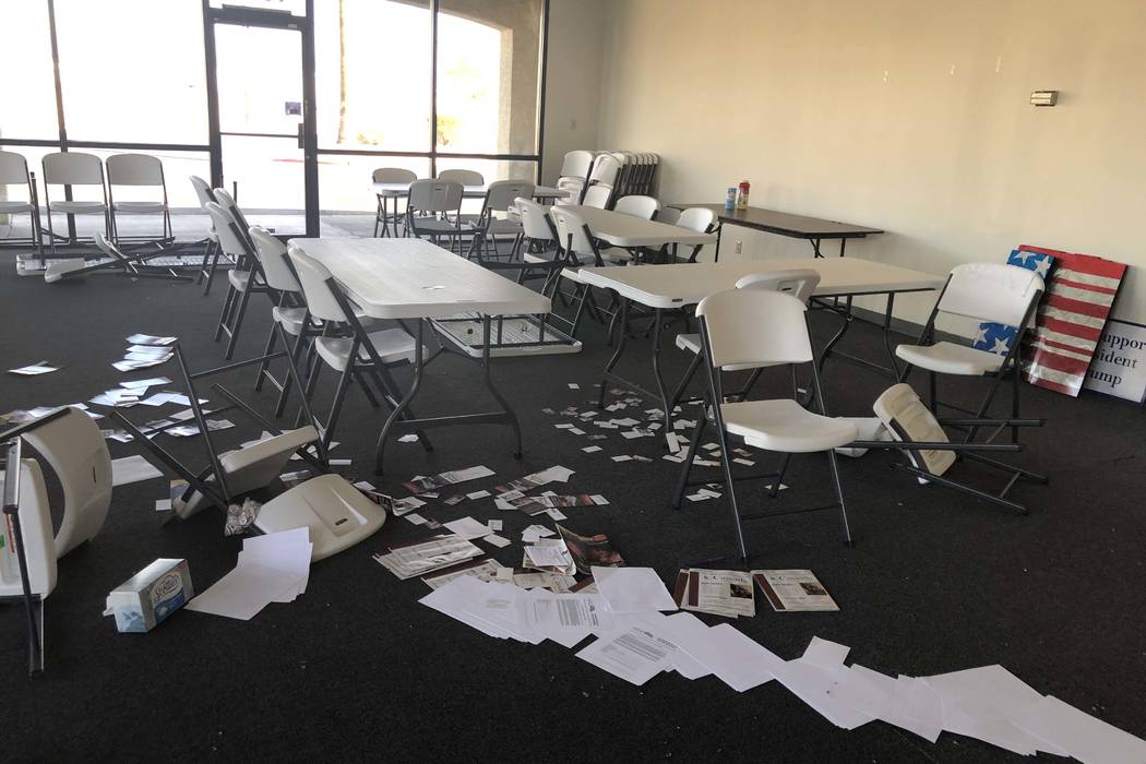 Papers are strewn about the office of the Clark County Republican Party following a break-in on ...