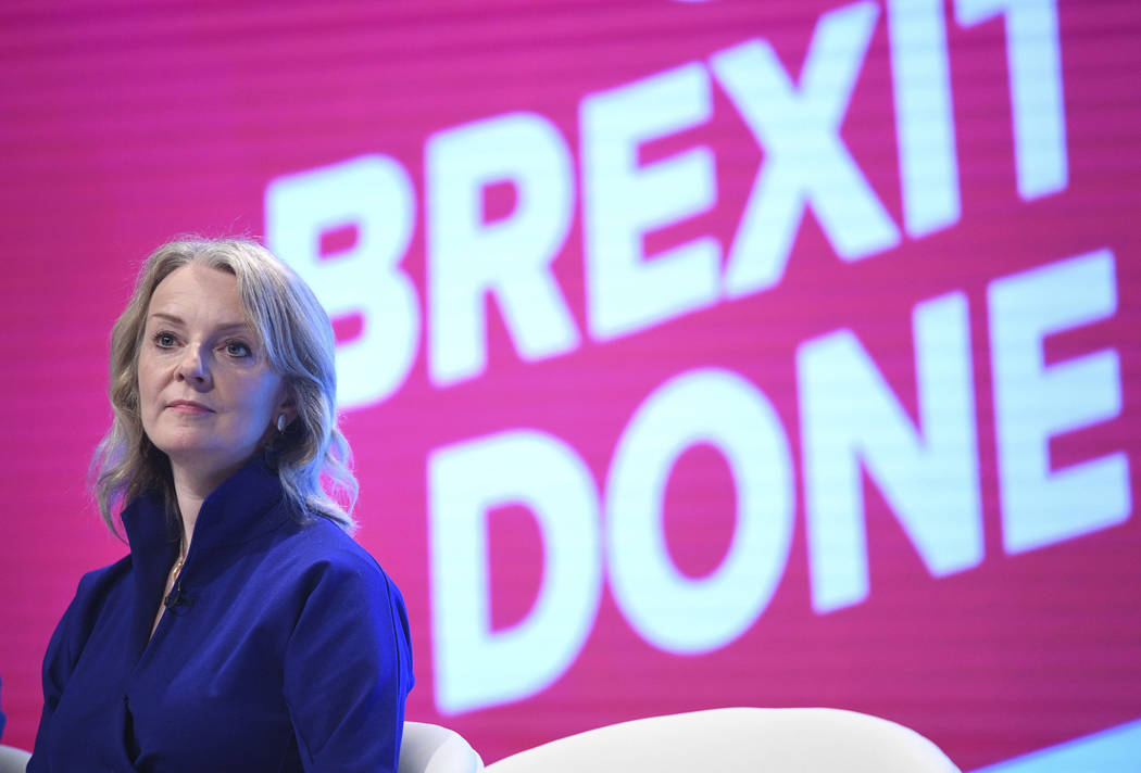 Britain's International Trade Secretary Liz Truss on stage at the Conservative Party Conference ...