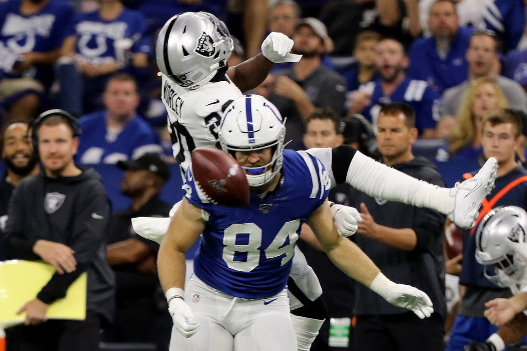 Oakland Raiders cornerback Daryl Worley (20) flies in the air after missing a catch on a deflec ...