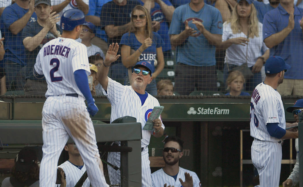 Chicago Cubs' Nico Hoerner (2) celebrates with manager Joe Maddon right, at the dugout after hi ...