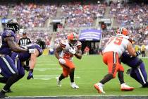 Cleveland Browns running back Nick Chubb (24) runs for one of his three rushing touchdowns agai ...