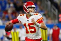 Kansas City Chiefs quarterback Patrick Mahomes throws during an NFL football game against the D ...