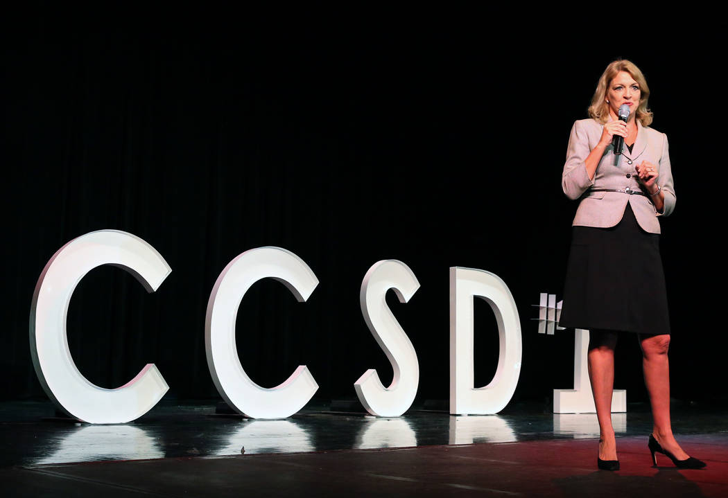 Dr. Diane Gullett, deputy superintendent, Clark County School District, speaks at a new teacher ...
