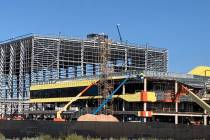 Glass installation progresses on the Raiders Henderson headquarters and practice facility, seen ...