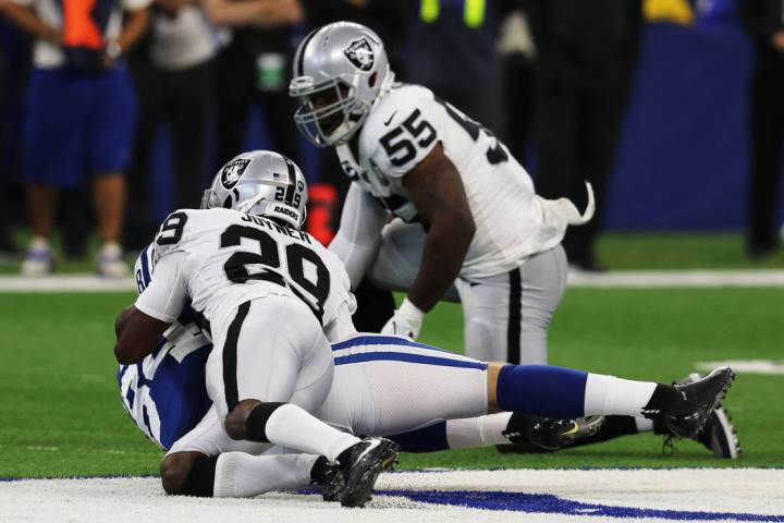 Oakland Raiders outside linebacker Vontaze Burfict (55) stands after tackling Indianapolis Colt ...