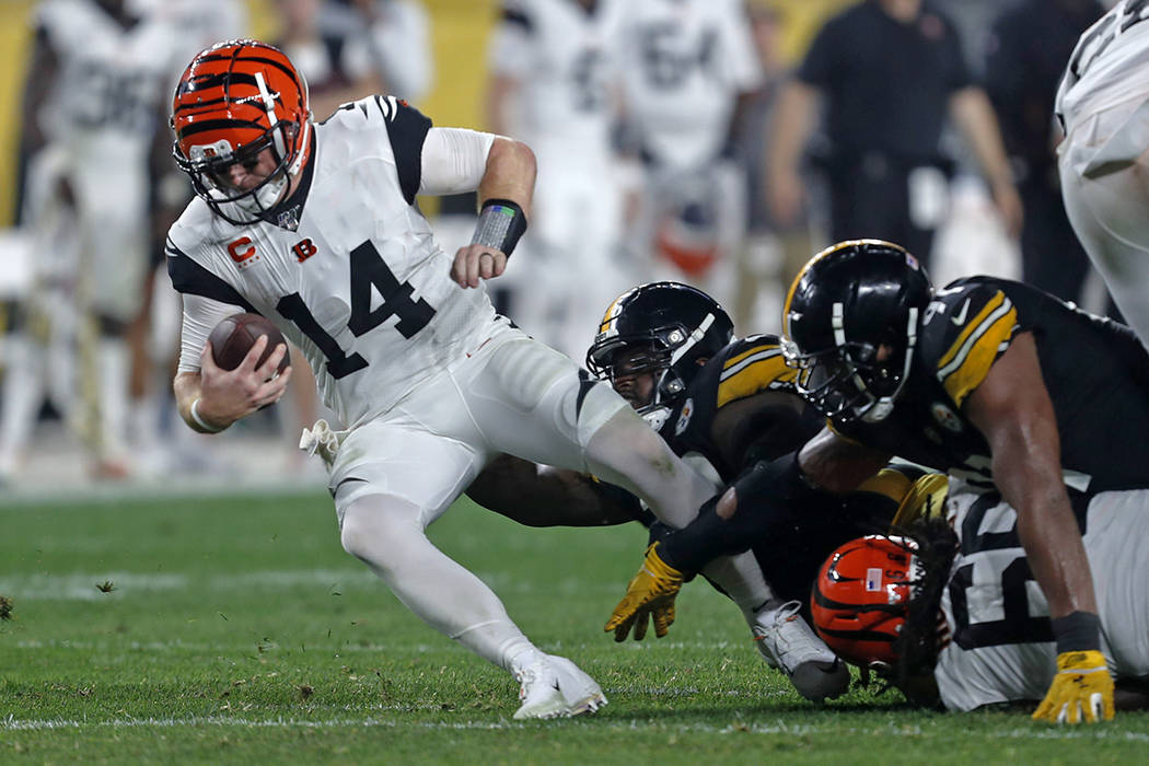 Pittsburgh Steelers nose tackle Javon Hargrave (79) sacks Cincinnati Bengals quarterback Andy D ...