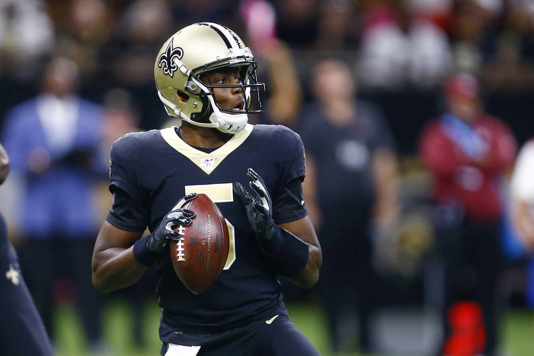 New Orleans Saints quarterback Teddy Bridgewater drops back to pass in the first half of an NFL ...