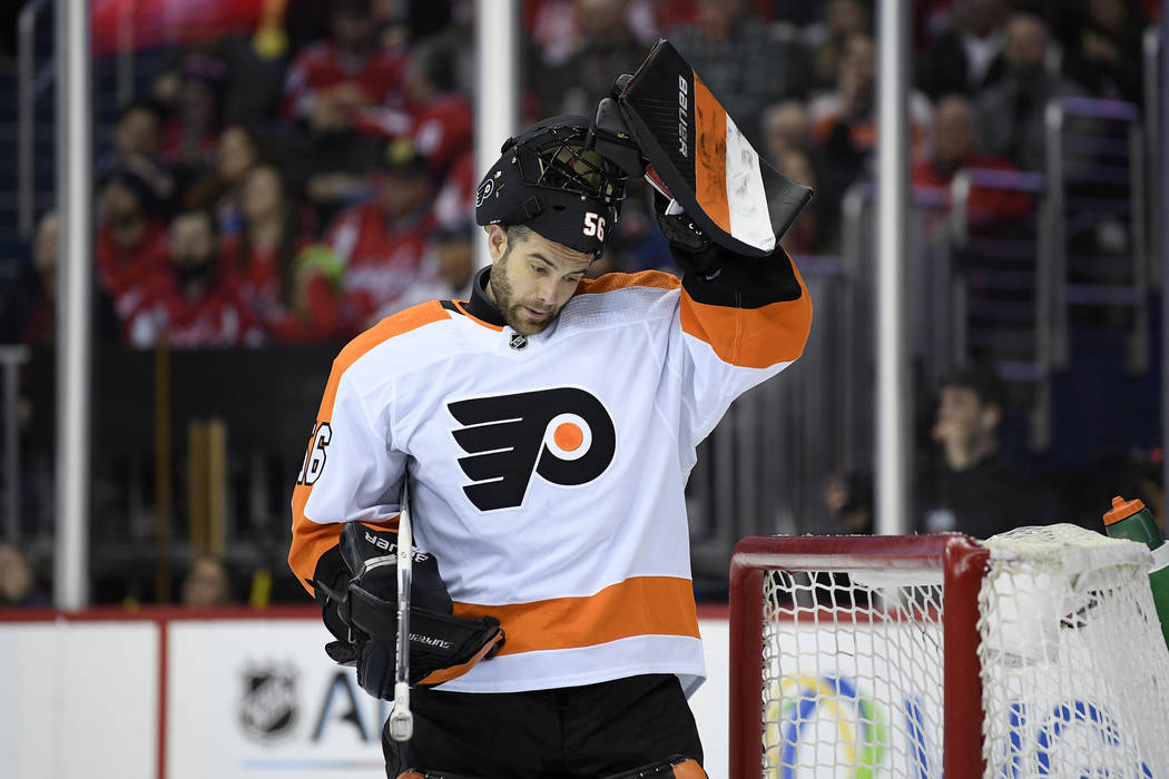 In this Tuesday, Jan. 8, 2019 file photo, Philadelphia Flyers goaltender Mike McKenna (56) stan ...