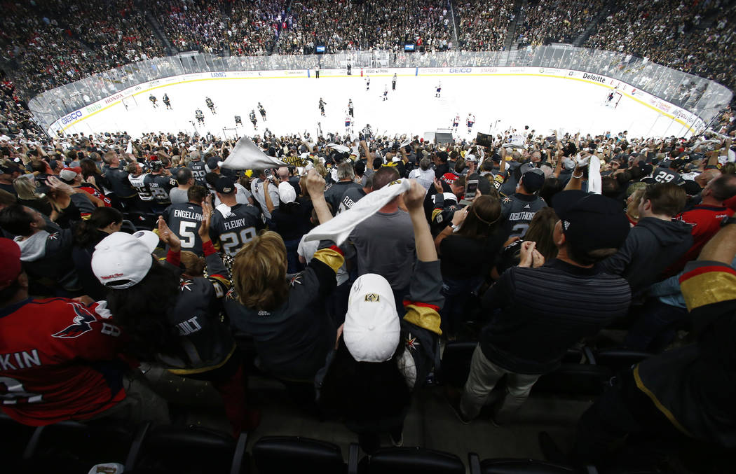 FILE - In this May 28, 2018, file photo, fans celebrate a goal by Vegas Golden Knights left win ...