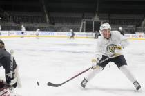 Vegas Golden Knights center Jonathan Marchessault (81) takes a shot during a team practice befo ...