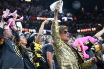 Golden Knights fans celebrate a goal by Golden Knights left wing James Neal during the first pe ...