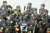 Vegas Golden Knights teammates gather to celebrate their win over the Buffalo Sabres at T-Mobil ...