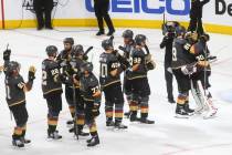 Golden Knights right wing Alex Tuch (89) celebrates a shutout victory with goaltender Malcolm S ...