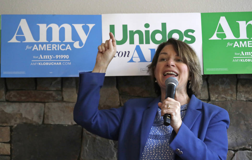 Democratic presidential candidate Sen. Amy Klobuchar, D-Minn., speaks to supporters inside a co ...