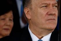 Secretary of State Mike Pompeo looks on during an Armed Forces welcome ceremony for the new cha ...