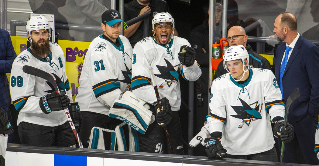 San Jose Sharks left wing Evander Kane continues to yell at the officials after being thrown ou ...