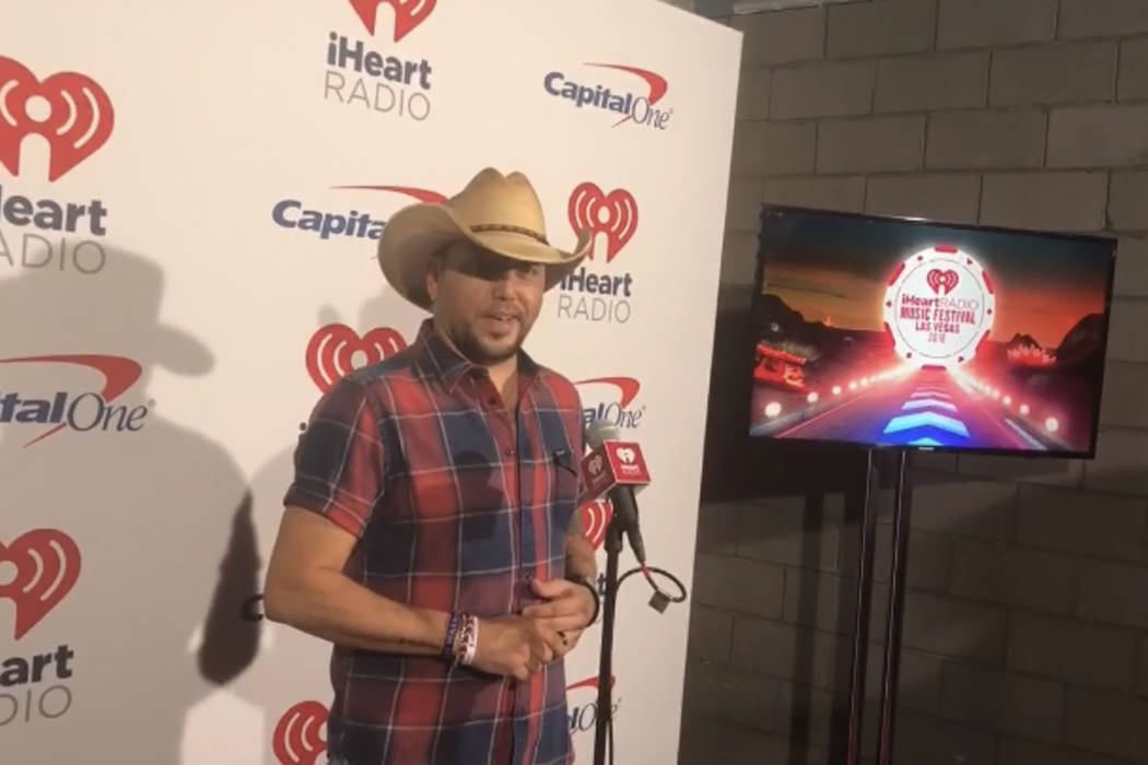 Jason Aldean talks before the first night of the iHeartRadio Music Festival at T-Mobile Arena, ...
