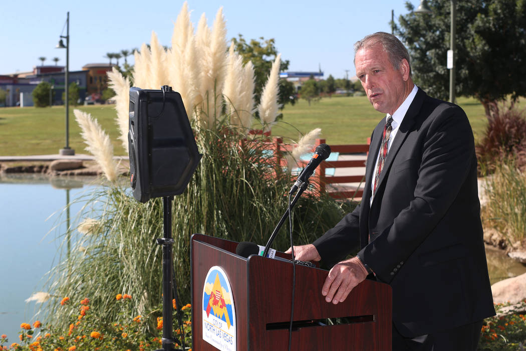 City of North Las Vegas Mayor John Lee speaks during ceremony in remembrance of the 58 victims ...