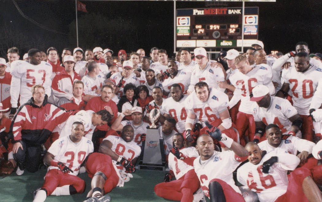 UNLV celebrates its 52-24 victory over Central Michigan in the 1994 Las Vegas Bowl. Photo court ...