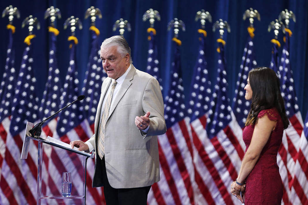 Gov. Steve Sisolak, left, with Nevada Assemblywoman Sandra Jauregui, a Route 91 Harvest musica ...