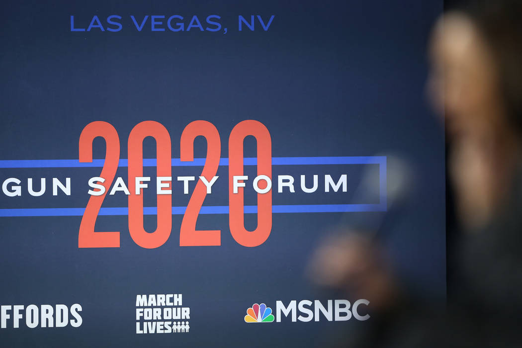 A 2020 presidential gun safety forum sign at The Enclave in Las Vegas, Wednesday, Oct. 2, 2019. ...