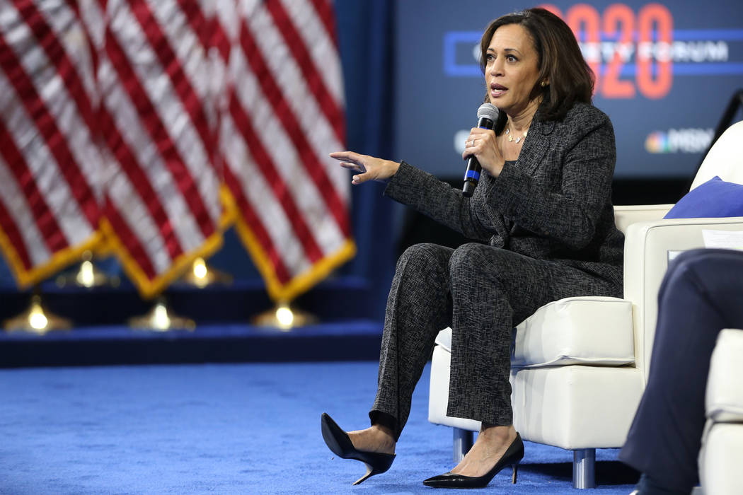 Democratic presidential candidate Kamala Harris speaks during the 2020 presidential gun safety ...