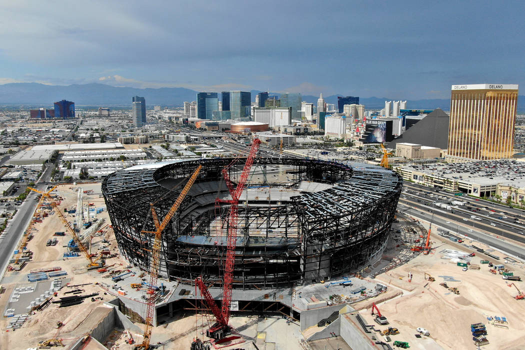 Aerial view of the Las Vegas Raiders stadium under construction on July 25, 2019. (Michael Quin ...
