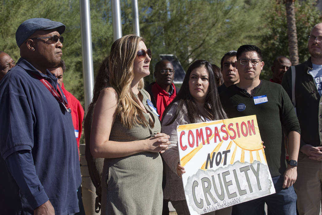 Emily Paulsen, executive director of the Nevada Homeless Alliance, addresses the media at a pro ...