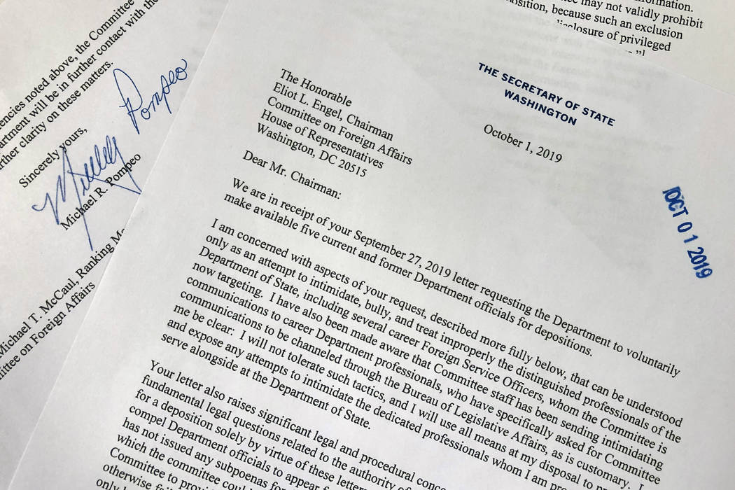 Shown is a letter from Secretary of State Mike Pompeo to Rep. Eliot Engel, D-N.Y., Chairman of ...