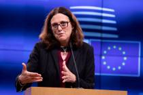 European Commissioner for Trade Cecilia Malmstrom speaks during a media conference after an inf ...