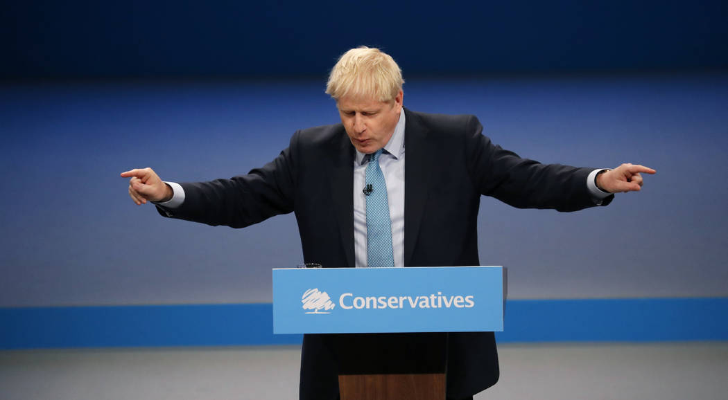 Britain's Prime Minister Boris Johnson delivers his Leader's speech at the Conservative Party C ...