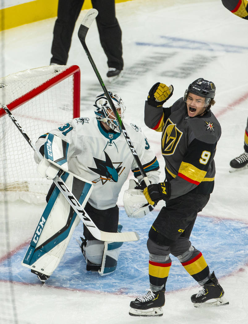 Vegas Golden Knights center Cody Glass (9) celebrates after a goal by Mark Stone during the fir ...