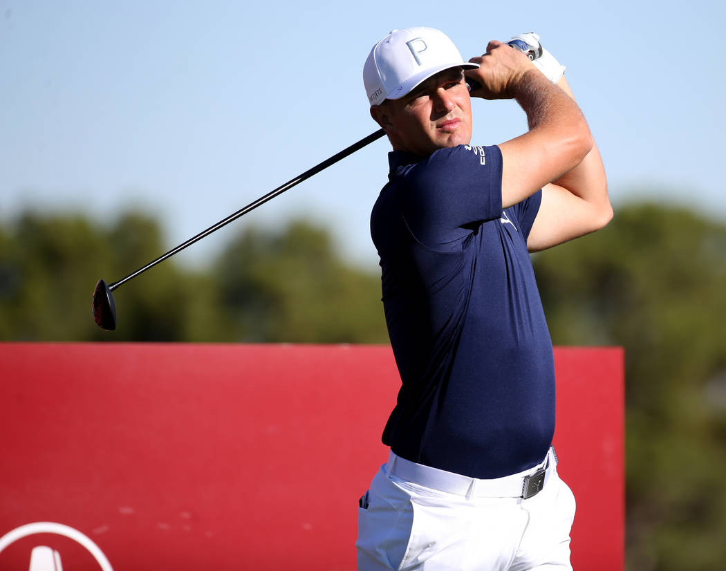 Bryson DeChambeau hits on the first tee during the Shriners Hospitals for Children Open Pro-Am ...