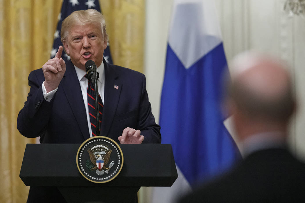 President Donald Trump speaks during a news conference with and Finnish President Sauli Niinist ...