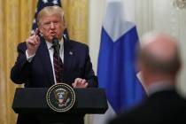 President Donald Trump speaks during a news conference with and Finnish President Sauli Niinist ...