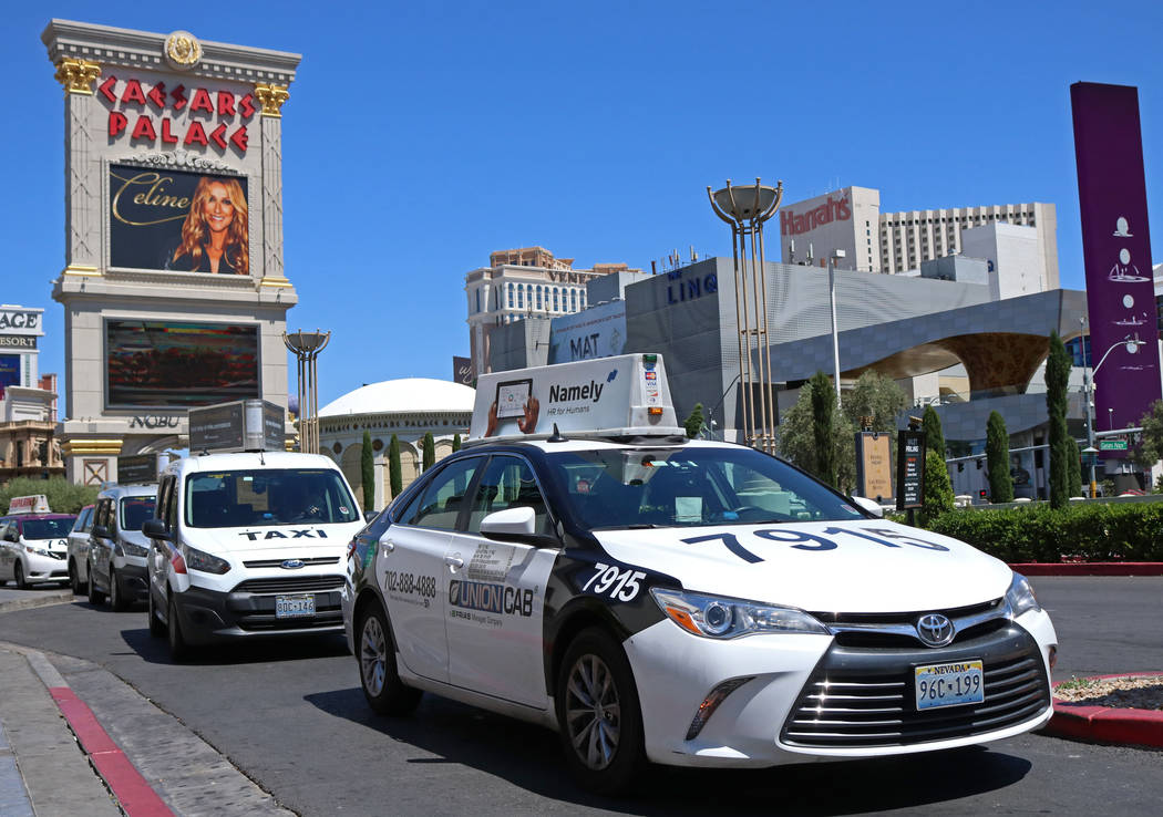 Cab drivers pull into the taxi pick up lane at Caesars Palace hotel-casino in Las Vegas. Gabrie ...