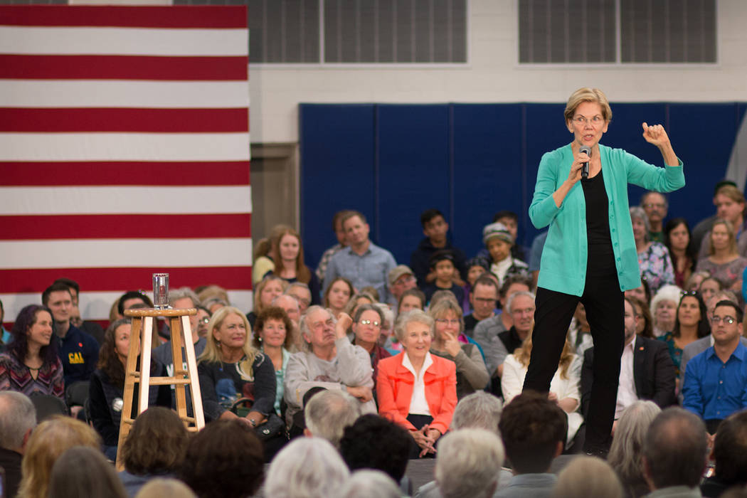 Democratic presidential hopeful Elizabeth Warren speaks to a crowd in Carson City on Wednesday. ...