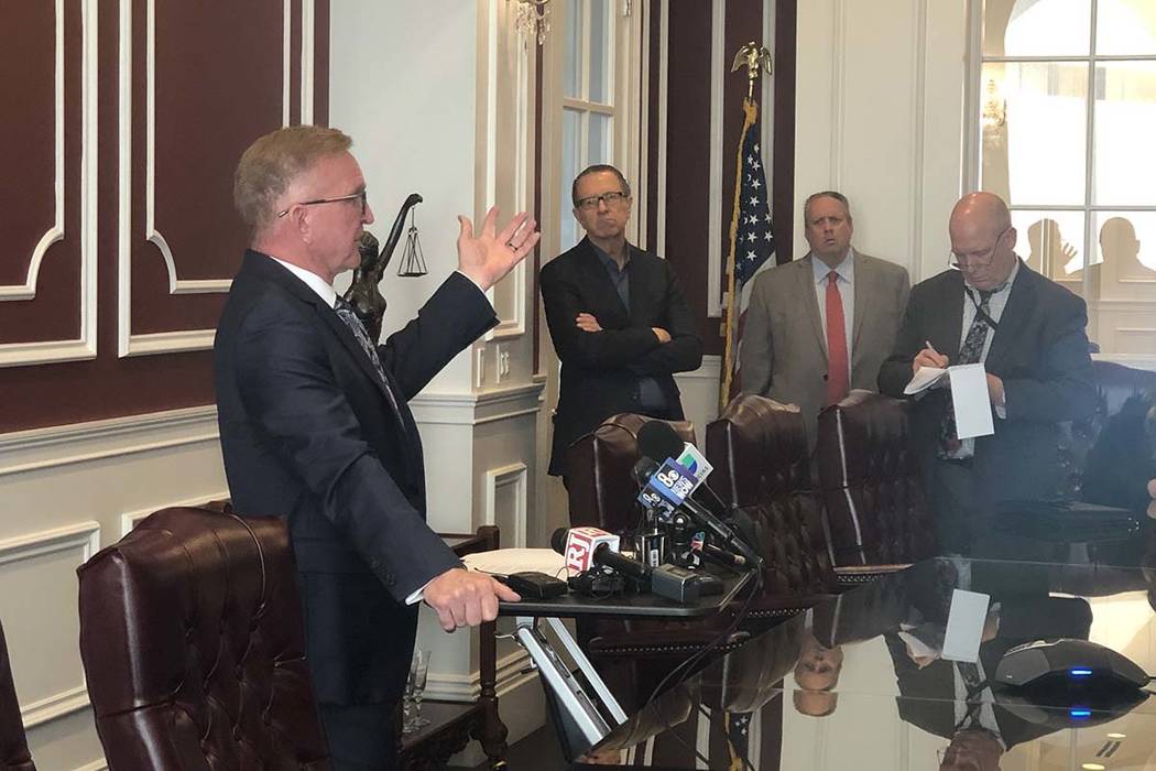 Attorney Robert Eglet speaks on Thursday, Oct. 3, 2019, about a tentative settlement between MG ...