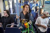 Elena Leger rides an RTC bus to Toshiba Plaza to watch the Vegas Golden Knights season opener a ...