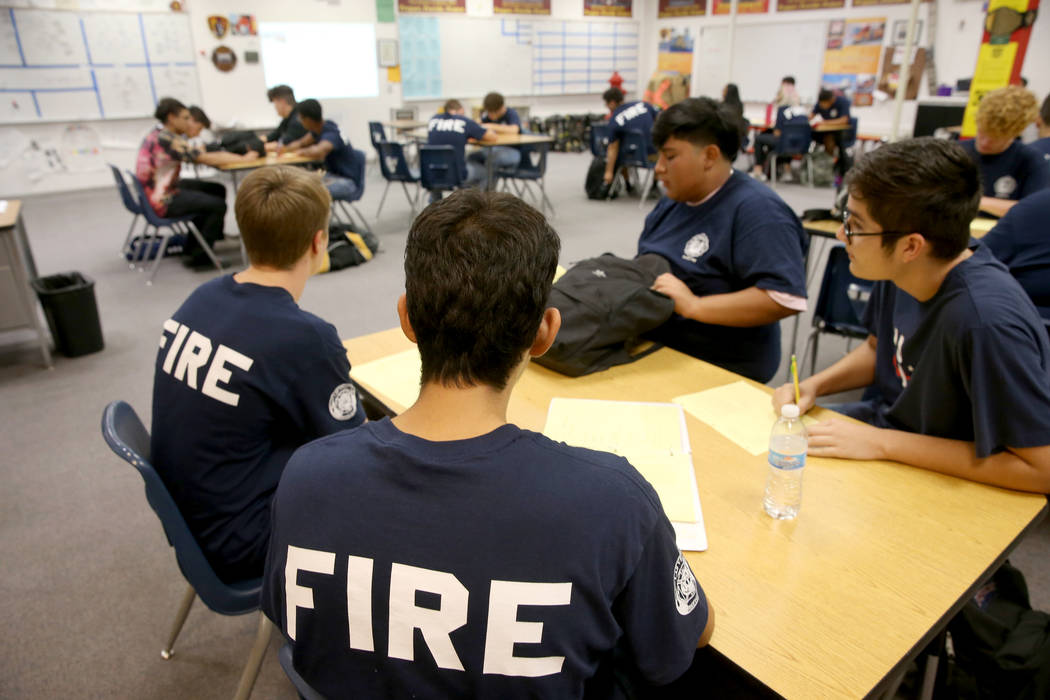 Bonanza High School Fire Science Academy students in class at the Las Vegas school Friday, Sept ...