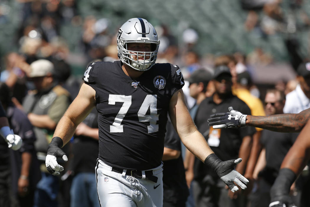 Oakland Raiders offensive tackle Kolton Miller (74) during introductions before an NFL football ...