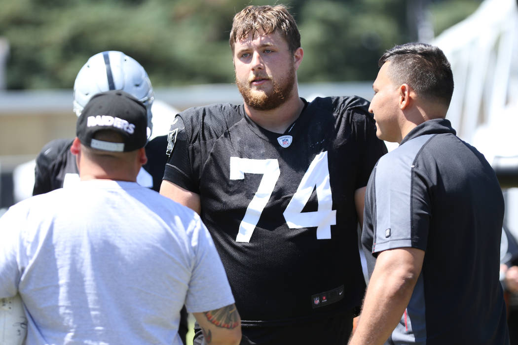 Oakland Raiders offensive tackle Kolton Miller (74) meets with fans after the NFL team's joint ...