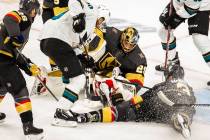 Vegas Golden Knights goaltender Marc-Andre Fleury (29) makes another stop in traffic versus the ...