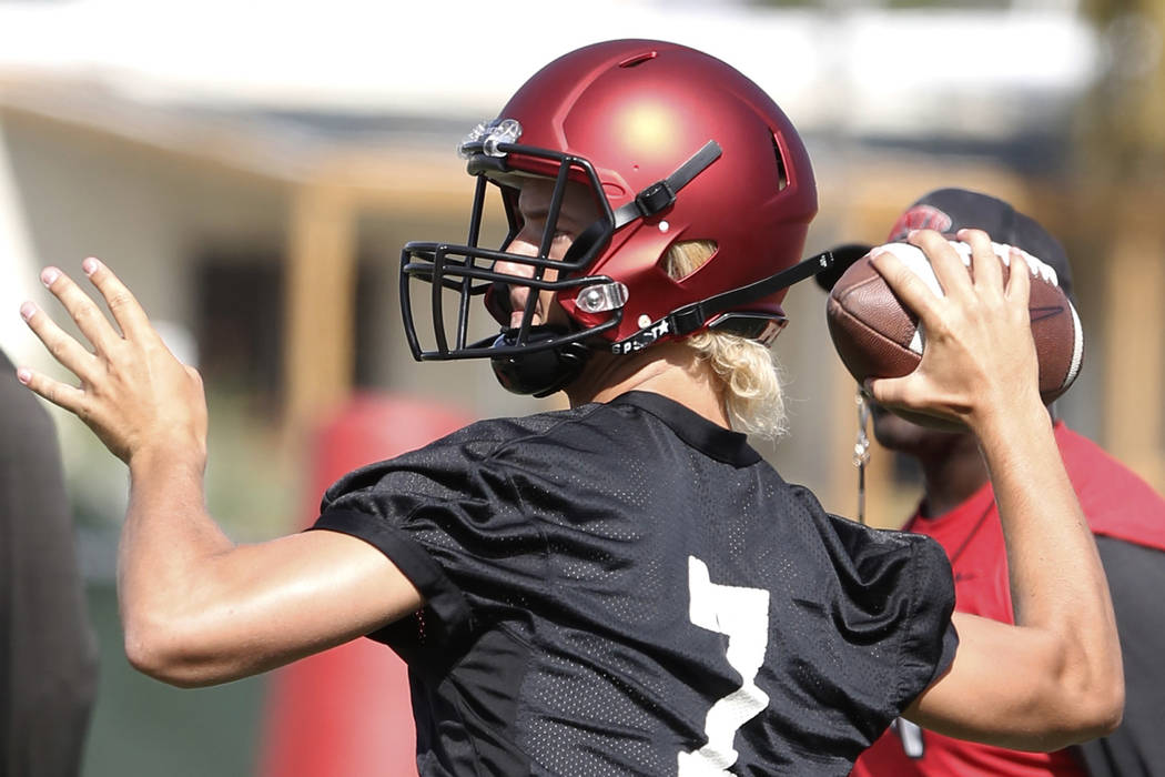 UNLV backup quarterback Kenyon Oblad (7) prepares to throw the ball during team practice on Fri ...