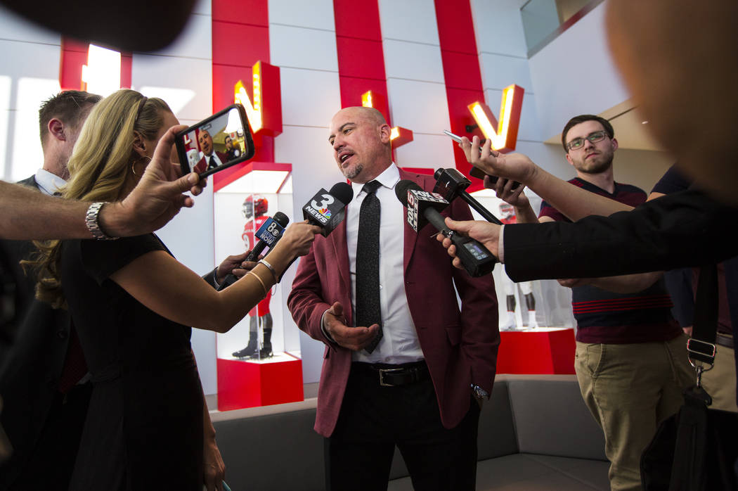 UNLV football coach Tony Sanchez talks about the Fertitta Football Complex at UNLV in Las Vegas ...