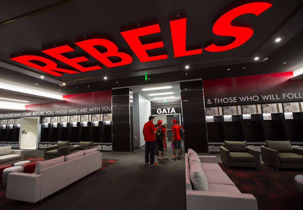 A view of the locker room during a tour of the Fertitta Football Complex following the ribbon c ...