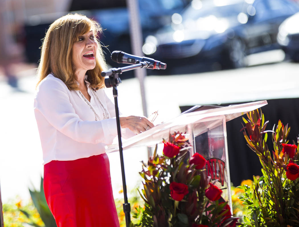Marta Meana, UNLV acting president, speaks during a ribbon cutting ceremony for the Fertitta Fo ...
