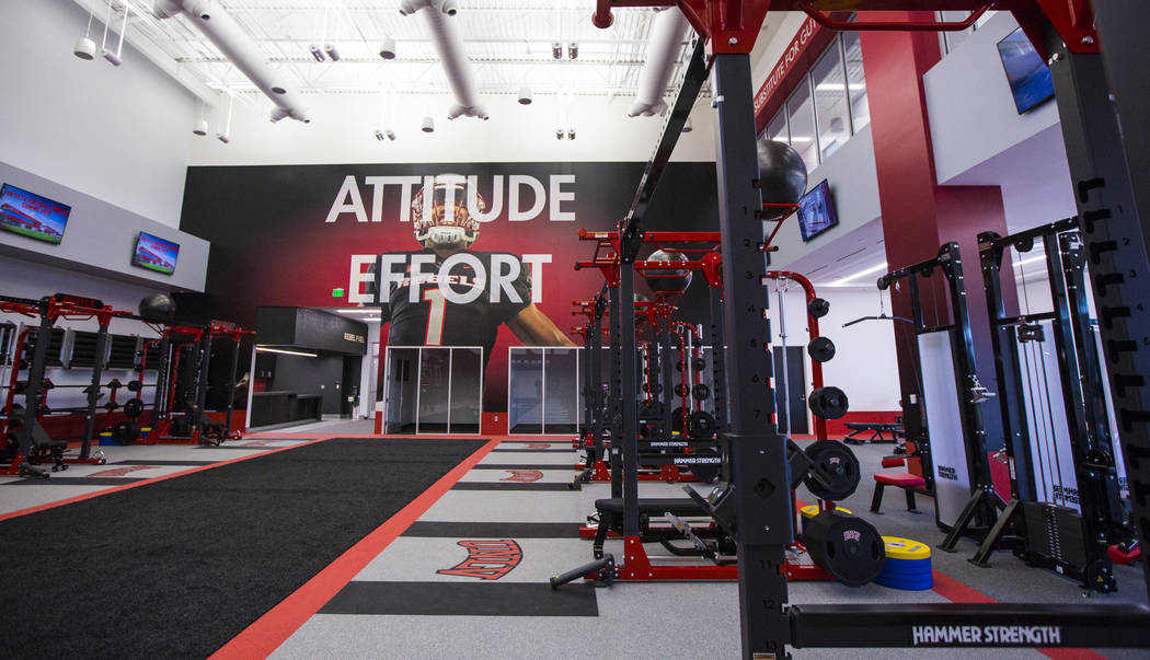 A view of the strength and conditioning room during a tour of the Fertitta Football Complex fol ...