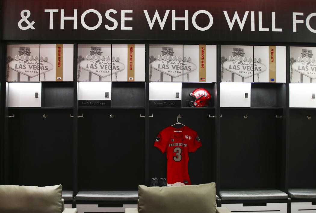 A view of the locker room during a tour of the Fertitta Football Complex following the ribbon c ...