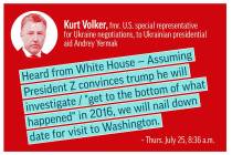 Graphic illustration highlights a text quote between U.S. special representative Kurt Volker an ...